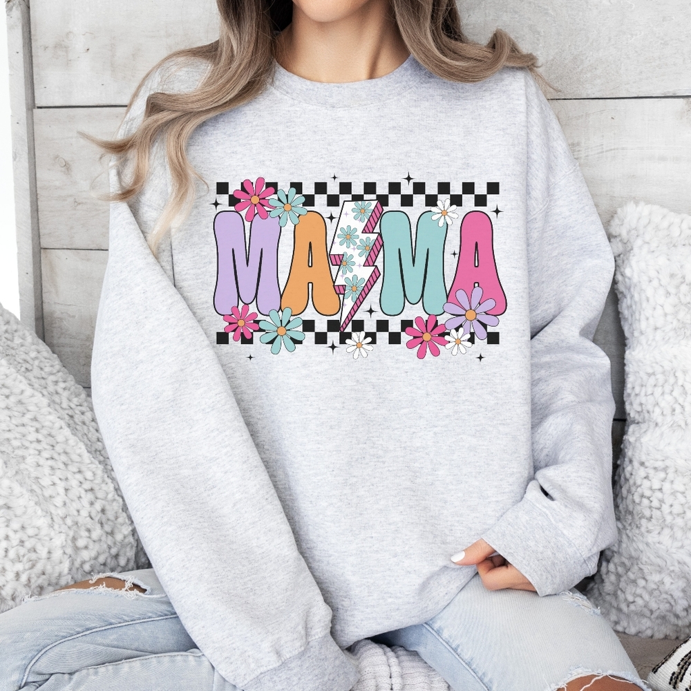 Mama Checkered Retro Daisy Graphic Crewneck Sweatshirt NEW
